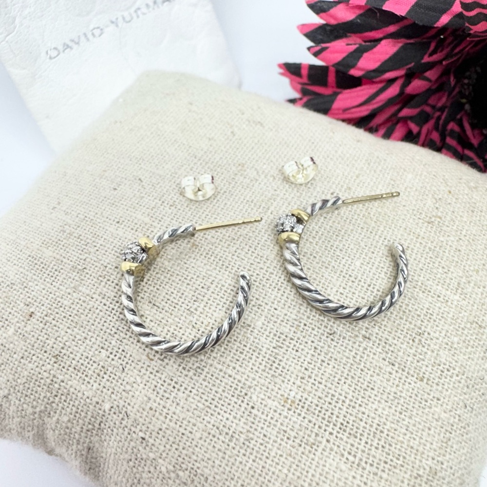 David Yurman Petite Diamond Ball Semi Hoop Earrings .925 / 18K Gold - Picture 10 of 11